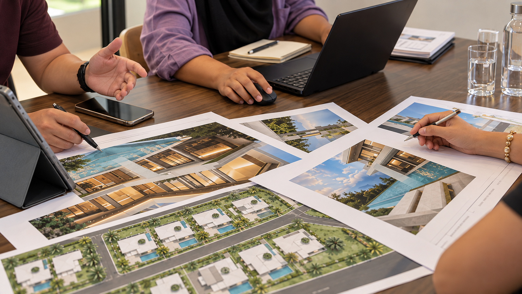 Architectural drawings, masterplan and laptop under collaborative review around a table