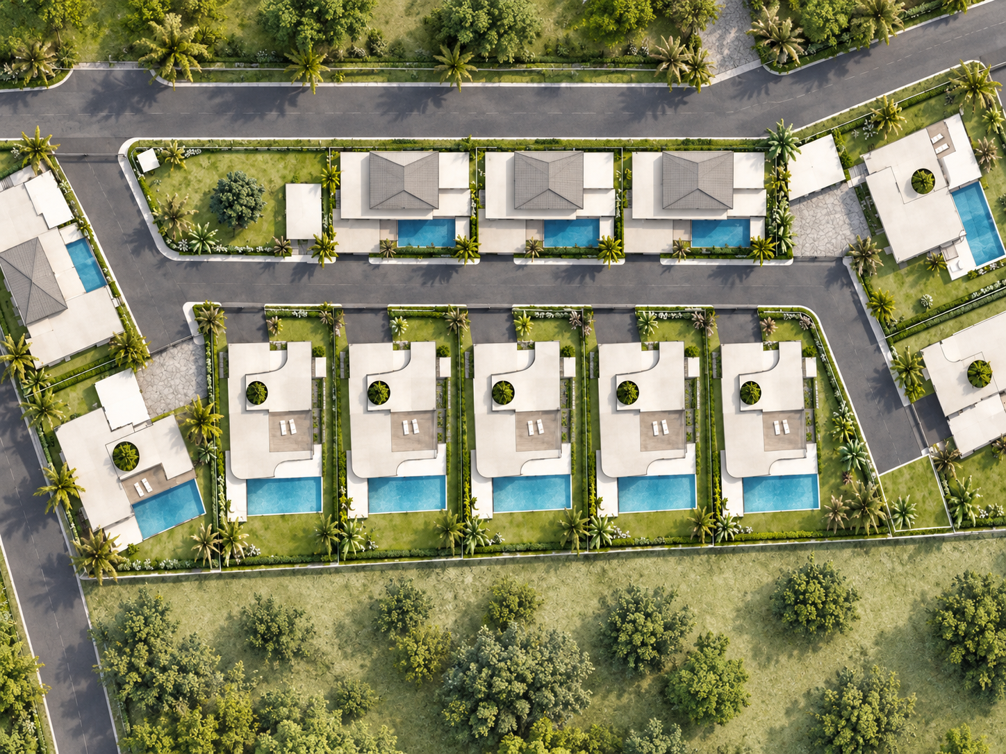 Aerial masterplan of a villa development showing plots, internal roads, pools and landscaping