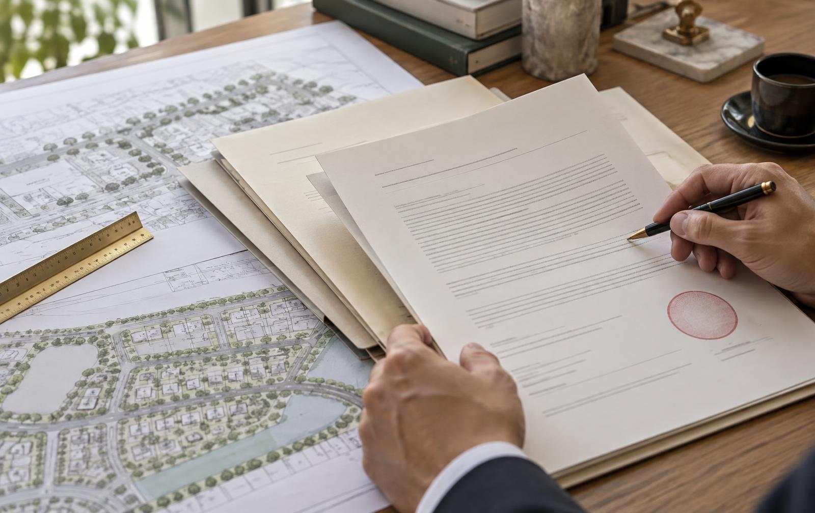 Development approval documents under professional review alongside residential site plans.