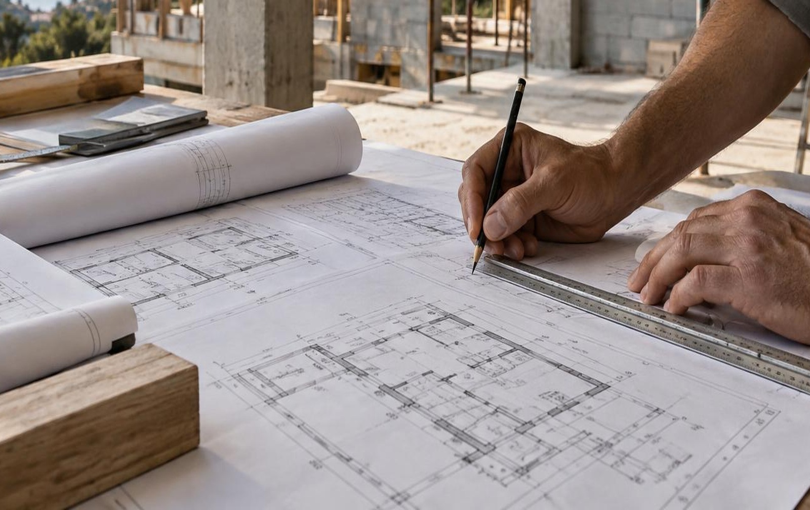 Architectural drawings, ruler and hands under detailed review on a construction site.
